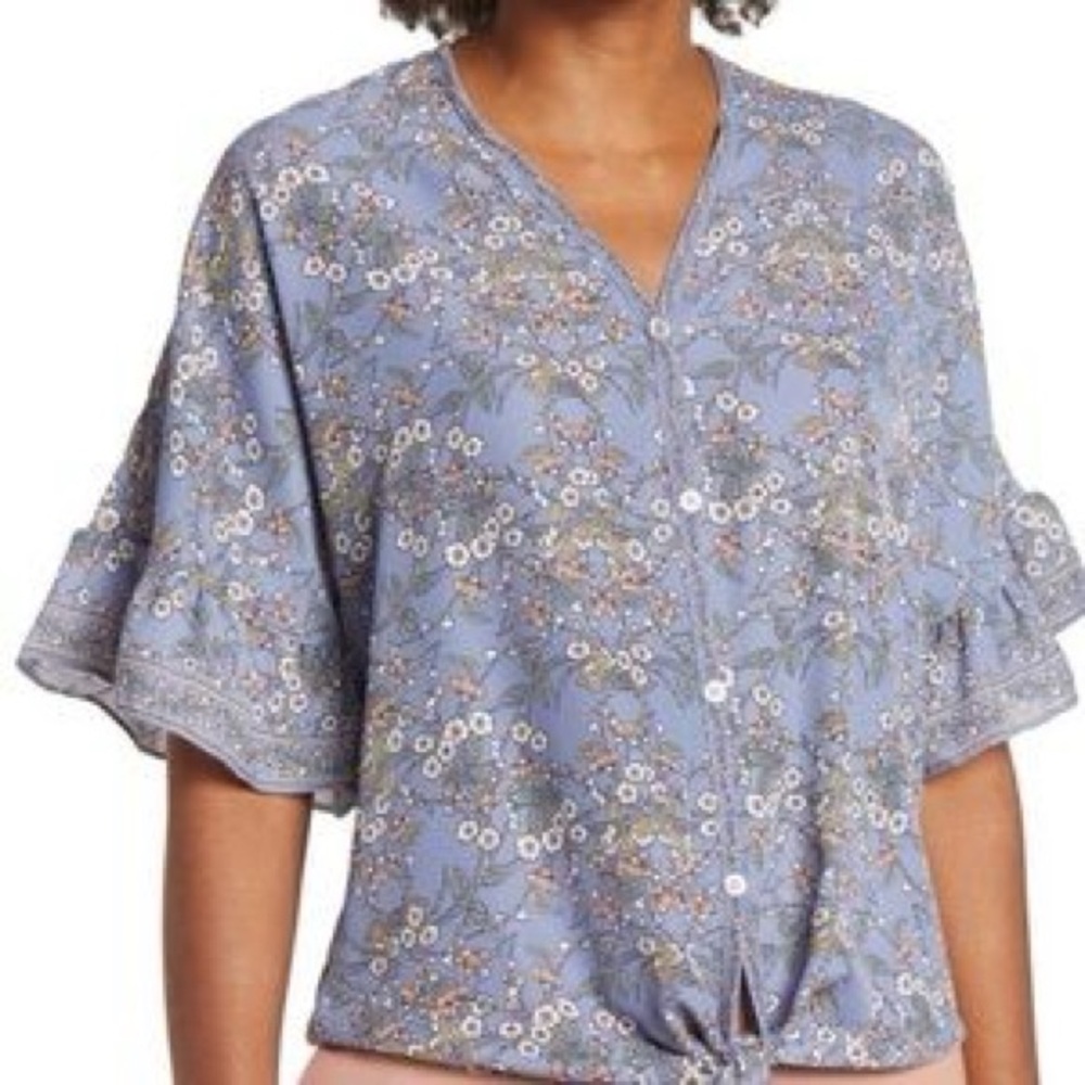 Max Studio Gray Tan Blouse with Bell Sleeves and Mandarin Collar